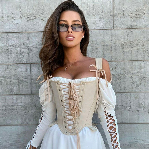Sexy Tie Front Square Neck Lace Up Bustier Corset Crop Tank Top